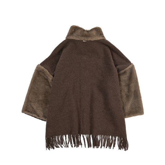 26-27AW HERNO 異素材コンビ フリンジスタンドカラーポンチョジャケット / レディース ブラウン S | GUARDAROBA MILANO OFFICIAL STORE