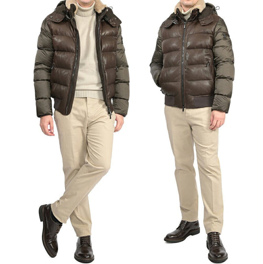 MOORER “WRIGHT-MAS” 異素材コンビ フード付きレザーダウンジャケット ブラウン(COGNAC) 48 | GUARDAROBA MILANO OFFICIAL STORE