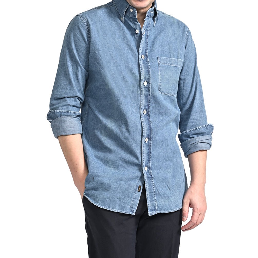 SALE|MOORER "ROLF - 63 DENIM" ストレッチ コットンカシミヤ ボタンダウンデニムシャツ|418371-44|GUARDAROBA MILANO OFFICIAL STORE