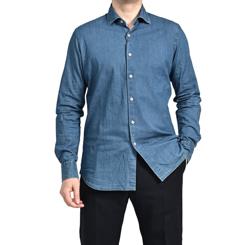 SALE|MOORER SORRENTO - CST ストレッチデニム ホリゾンタルカラースリムシャツ|GUARDAROBA MILANO OFFICIAL STORE