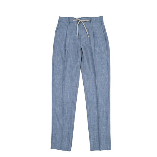 SUMMER SALE|BERWICH “SPIAGGIA 1P” リネン混ウール ドローコード付きワンタックスラックス / Loro Piana製生地 (SUMMERTIME) ブルー(indigo) 46 | GUARDAROBA MILANO OFFICIAL STORE