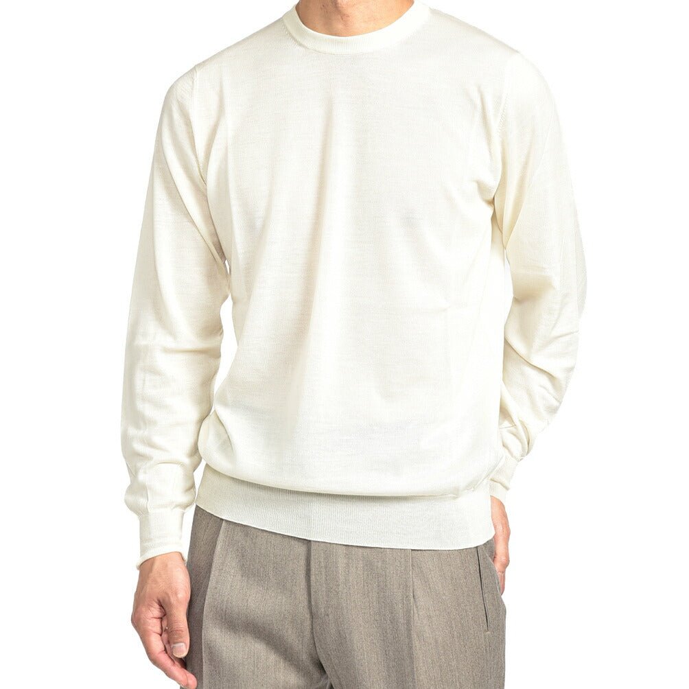 26 - 27AW FILIPPO DE LAURENTIIS メリノウール100% クルーネックニットセーター / SUPERFINE 120's オフホワイト 46 | GUARDAROBA MILANO OFFICIAL STORE