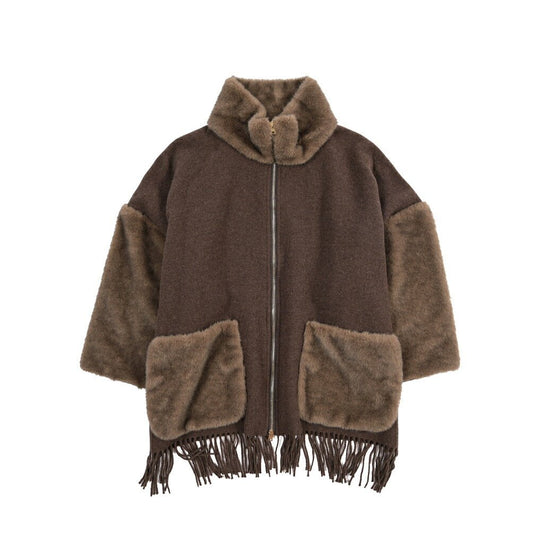 26-27AW HERNO 異素材コンビ フリンジスタンドカラーポンチョジャケット / レディース ブラウン S | GUARDAROBA MILANO OFFICIAL STORE