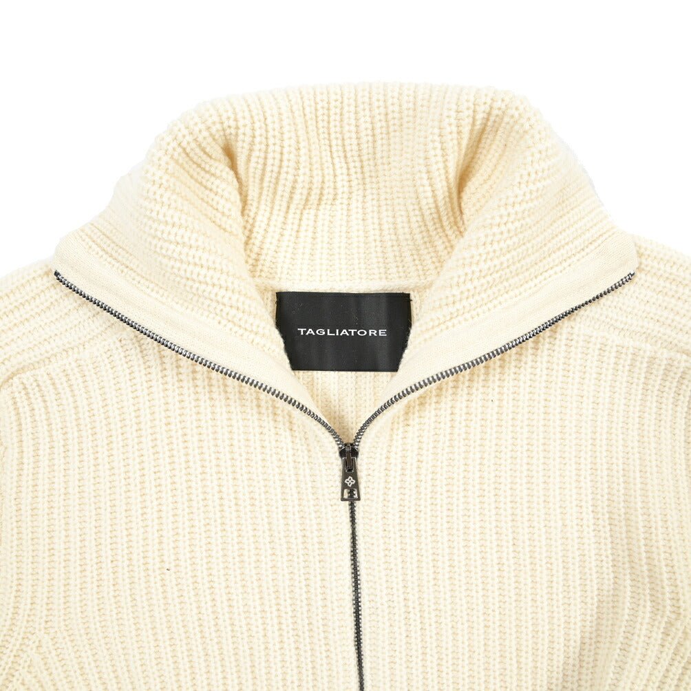 26-27AW TAGLIATORE “DUNDRET” ウールリブ ローゲージニットジップセーター ホワイト 48 | GUARDAROBA MILANO OFFICIAL STORE