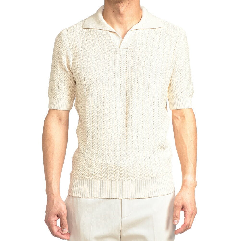 26SS GRAN SASSO コットン100% スキッパーカラーニットポロシャツ オフホワイト 48 | GUARDAROBA MILANO OFFICIAL STORE