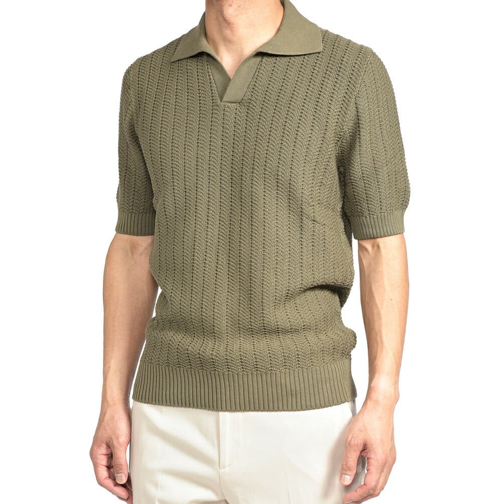 26SS GRAN SASSO コットン100% スキッパーカラーニットポロシャツ グリーン 48 | GUARDAROBA MILANO OFFICIAL STORE