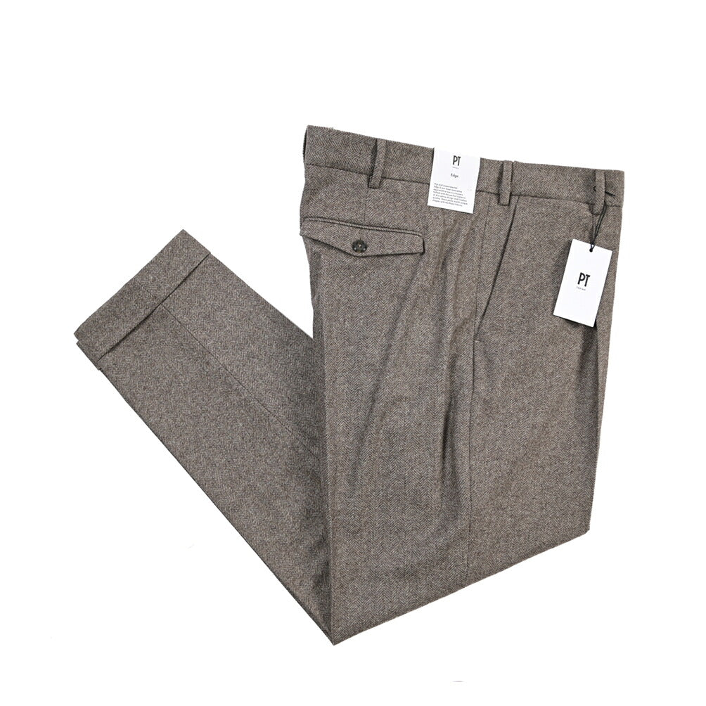 PT TORINO Edge “REBEL FIT” カシミヤ混ウール ワンタックヘリンボーンスラックス