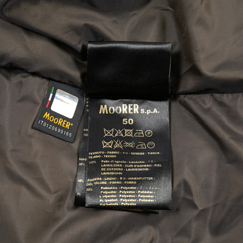 MOORER “PHILIP-PE” シープスキンレザー100% ファーフード付きスタンドカラーダウンコート