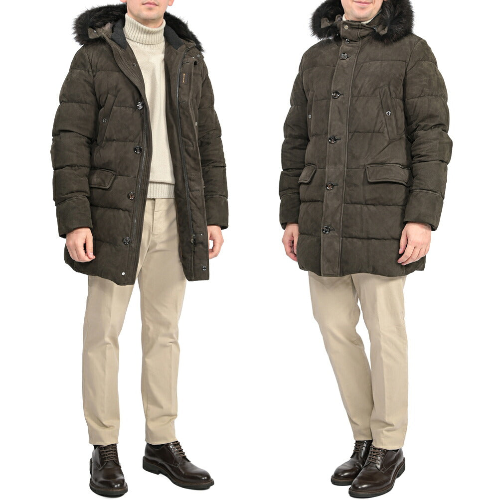 MOORER “BARBIERI-UR” レザー100% ファーフード付きスタンドカラーダウンコート