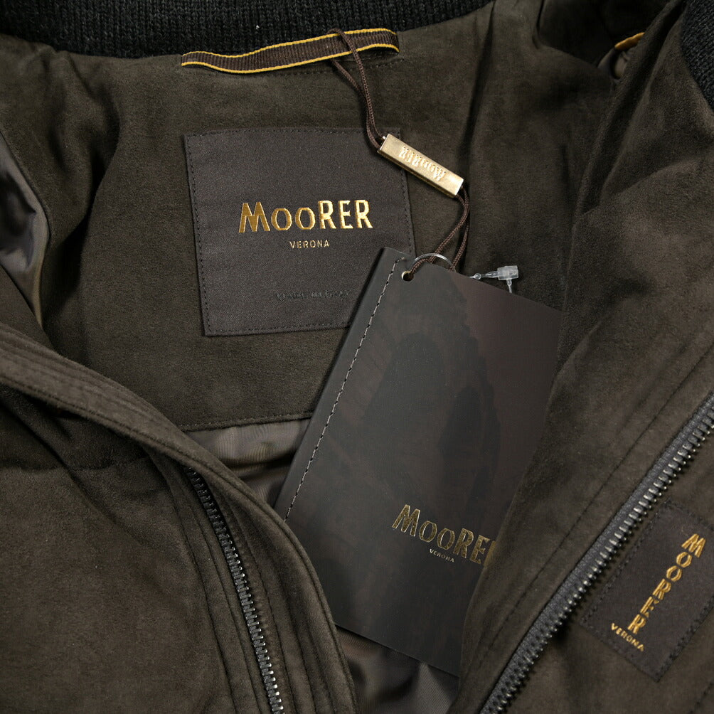 MOORER “BARBIERI-UR” レザー100% ファーフード付きスタンドカラーダウンコート