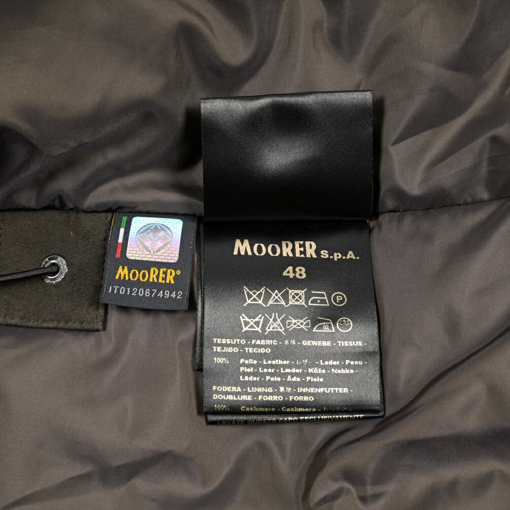 MOORER “BARBIERI-UR” レザー100% ファーフード付きスタンドカラーダウンコート