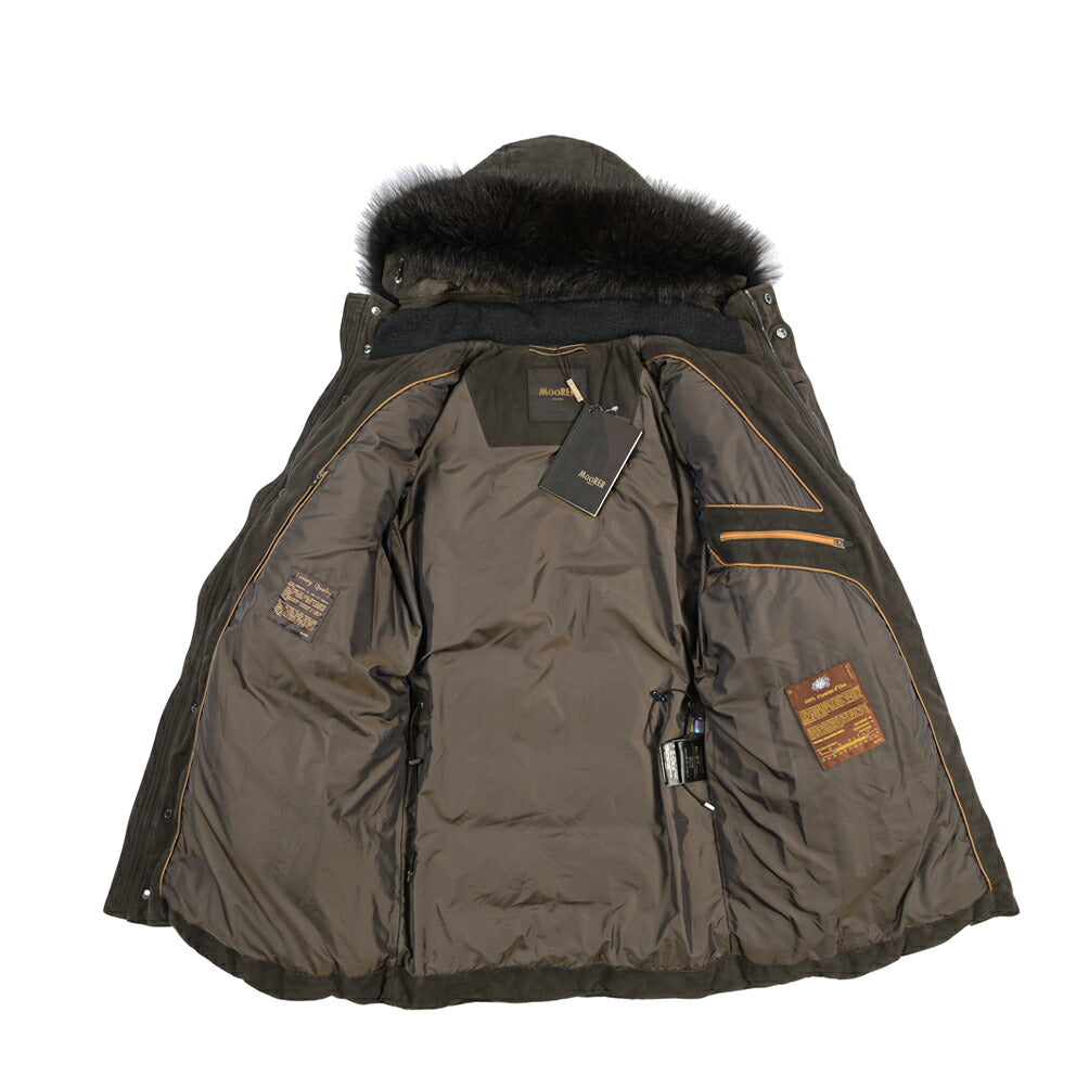 MOORER “BARBIERI-UR” レザー100% ファーフード付きスタンドカラーダウンコート