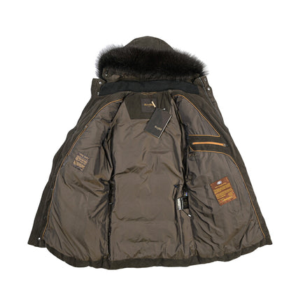 MOORER “BARBIERI-UR” レザー100% ファーフード付きスタンドカラーダウンコート