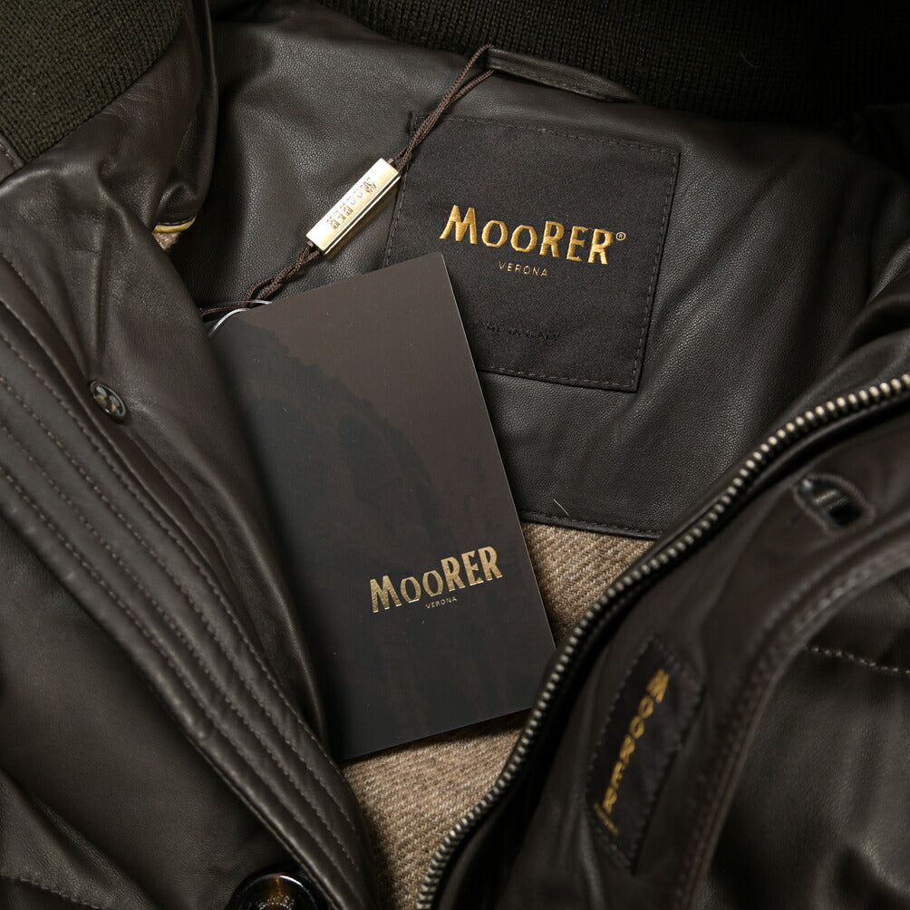 MOORER “BARBIERI-PEN” レザー100% ファーフード付きスタンドカラーダウンコート