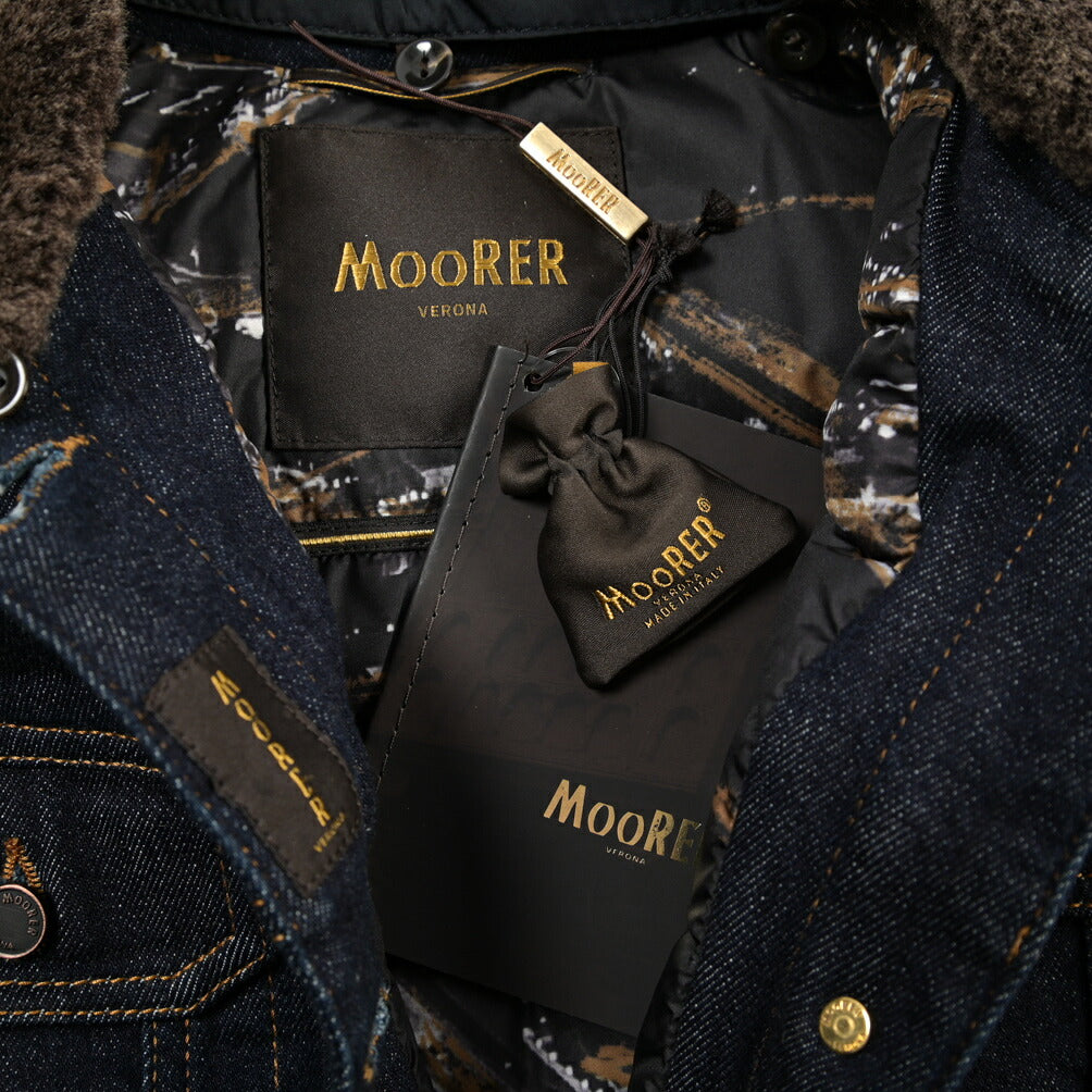 MOORER GAELLE-FUR-49W デニムダウンジャケット エコファー アウター コットン カシミヤ ストレッチ ネイビー