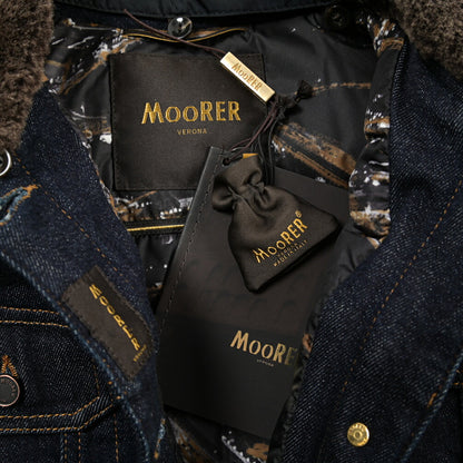 MOORER GAELLE-FUR-49W デニムダウンジャケット エコファー アウター コットン カシミヤ ストレッチ ネイビー