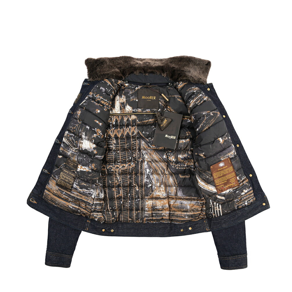 MOORER GAELLE-FUR-49W デニムダウンジャケット エコファー アウター コットン カシミヤ ストレッチ ネイビー
