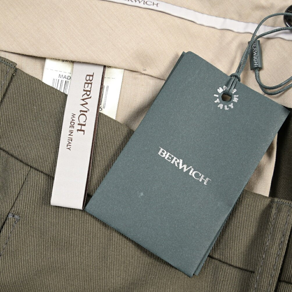 BERWICH “CHIAIA” コットン100% ワンタックパンツ カーキグリーン(army) 48 | GUARDAROBA MILANO OFFICIAL STORE