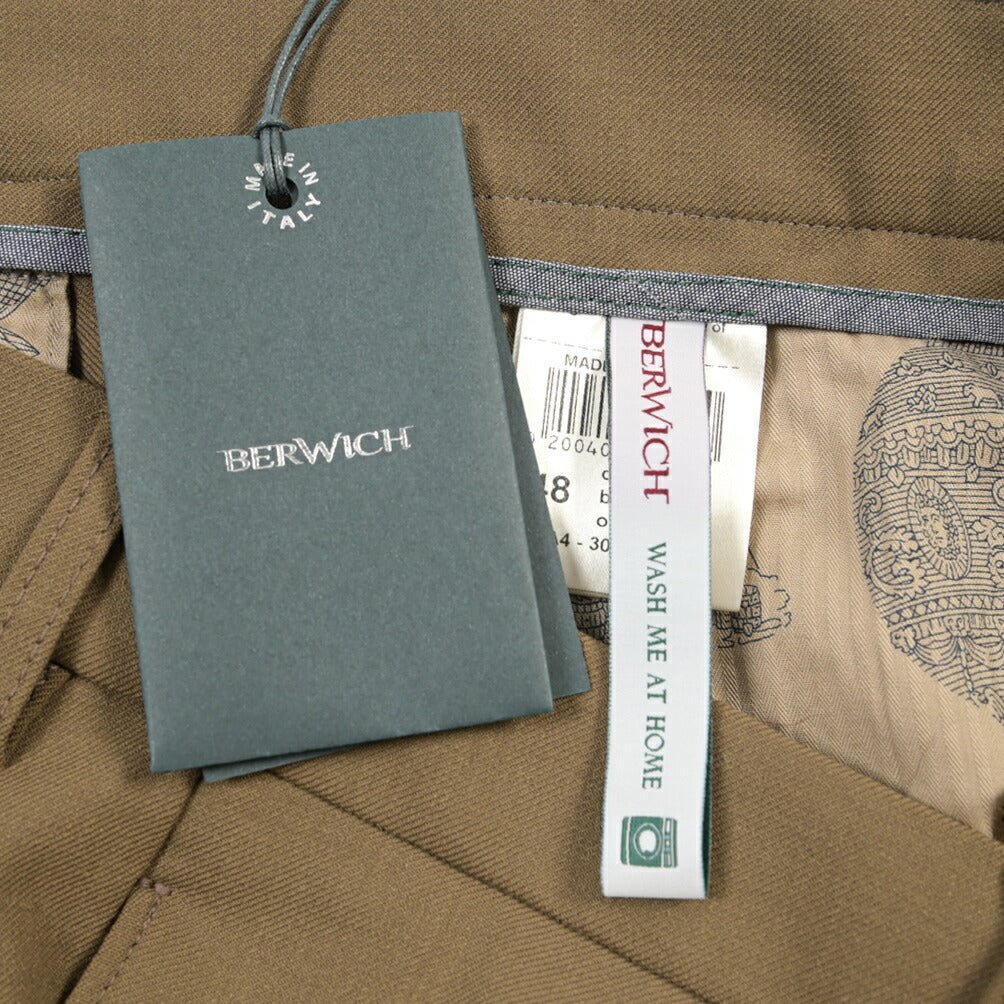 BERWICH “CHIAIA-LONG” ポリエステル混ウール ワンタックスラックス カーキグリーン(olive) 46 | GUARDAROBA MILANO OFFICIAL STORE