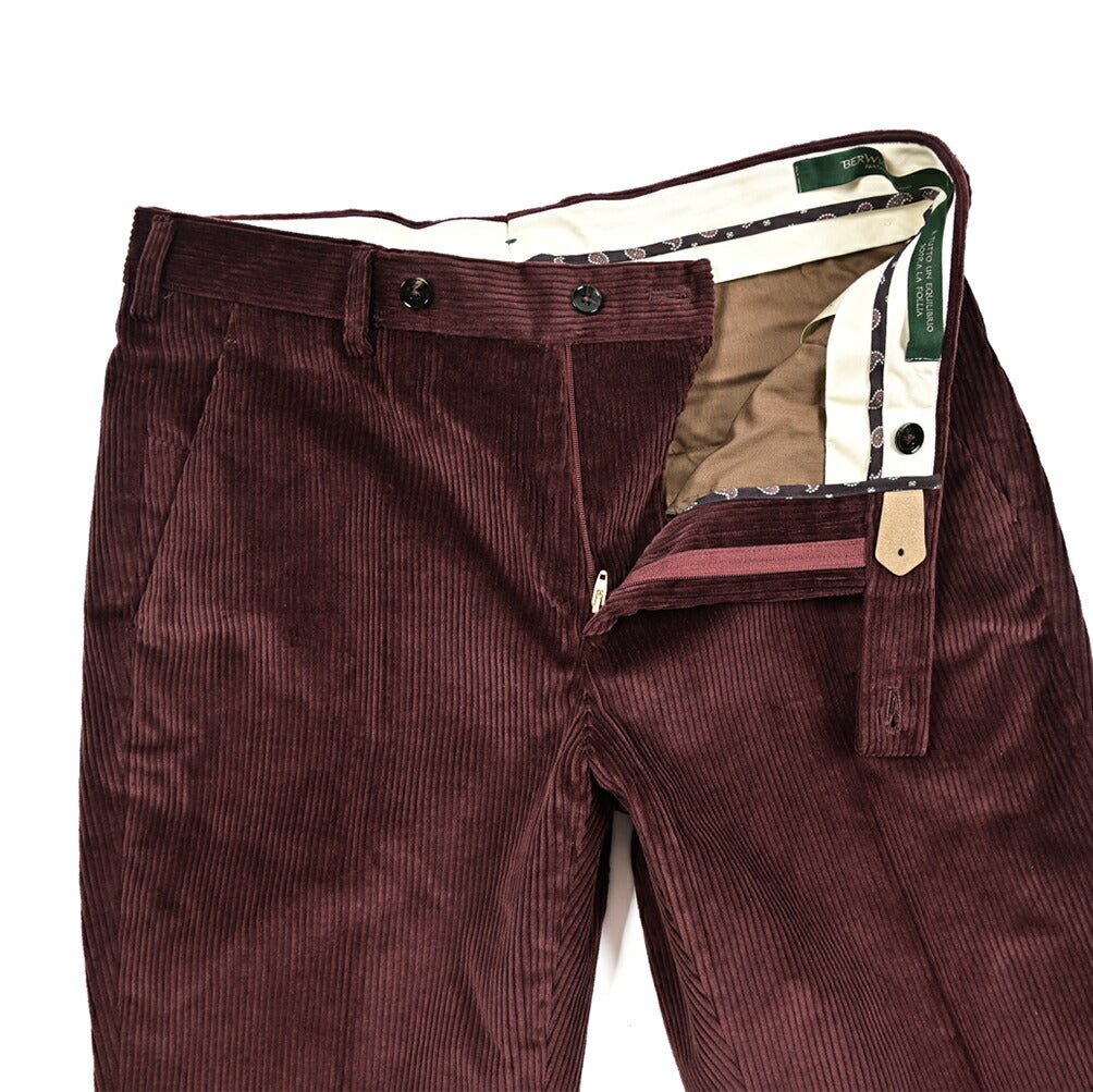 BERWICH “MORELLO” ストレッチコットン 中畝コーデュロイノータックパンツ ワインレッド(wine) 46 | GUARDAROBA MILANO OFFICIAL STORE