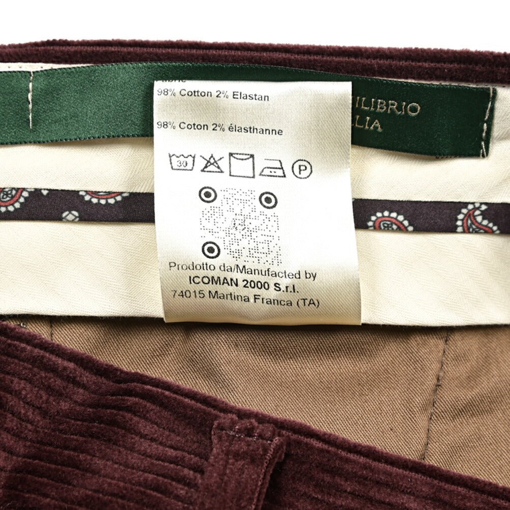 BERWICH “MORELLO” ストレッチコットン 中畝コーデュロイノータックパンツ ワインレッド(wine) 46 | GUARDAROBA MILANO OFFICIAL STORE