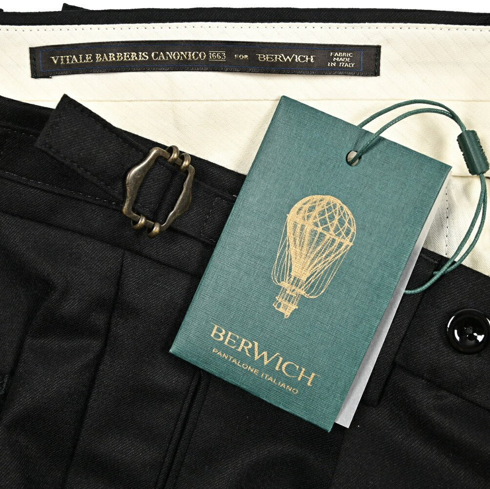 BERWICH “RETRO LONG” ヴァージンウール100% ワンタックスラックス / CANONICO製生地 ブラック(black) 44 | GUARDAROBA MILANO OFFICIAL STORE