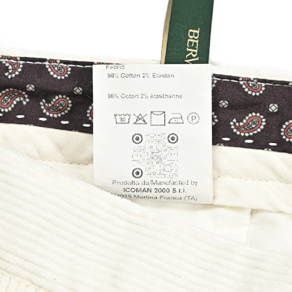 BERWICH “RETRO LONG - GD” ストレッチコットン 中畝コーデュロイワンタックパンツ ホワイト(panna001) 46 | GUARDAROBA MILANO OFFICIAL STORE