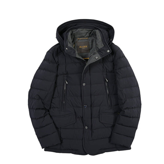 CLEARANCE SALE｜MOORER “CRAIG-KN” 高機能ストレッチナイロン フード付きダウンジャケット / ACQUA RESISTANT (撥水) ネイビー(DARK BLU) 46 | GUARDAROBA MILANO OFFICIAL STORE