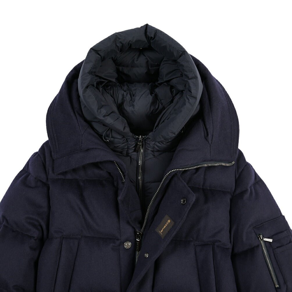 CLEARANCE SALE｜MOORER “DAVIDE-LSL” カシミヤ混ウール フード付きダウンコート / ACQUA RESISTANT (撥水) ネイビー(NAVY) 48 | GUARDAROBA MILANO OFFICIAL STORE