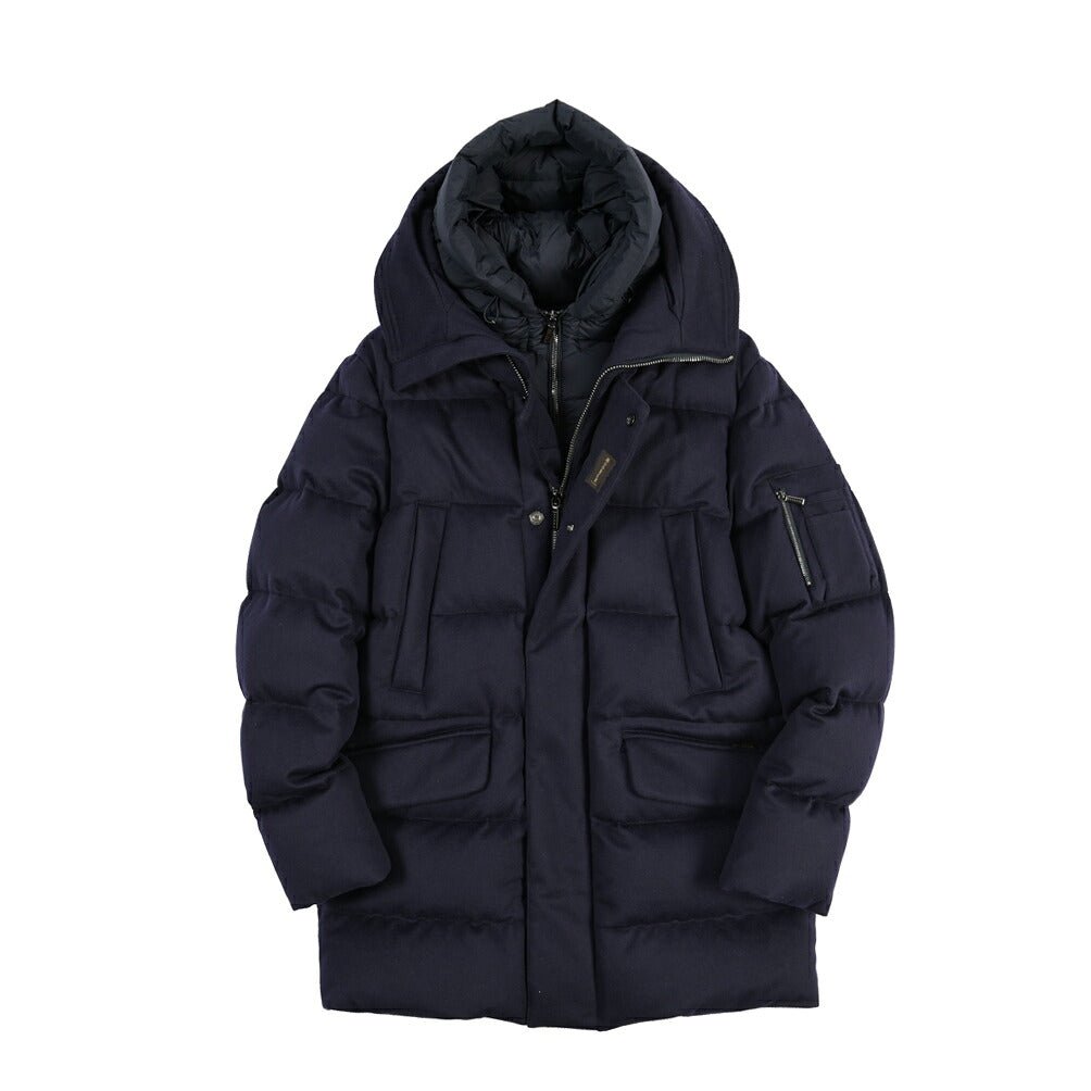 CLEARANCE SALE｜MOORER “DAVIDE-LSL” カシミヤ混ウール フード付きダウンコート / ACQUA RESISTANT (撥水) ネイビー(NAVY) 48 | GUARDAROBA MILANO OFFICIAL STORE