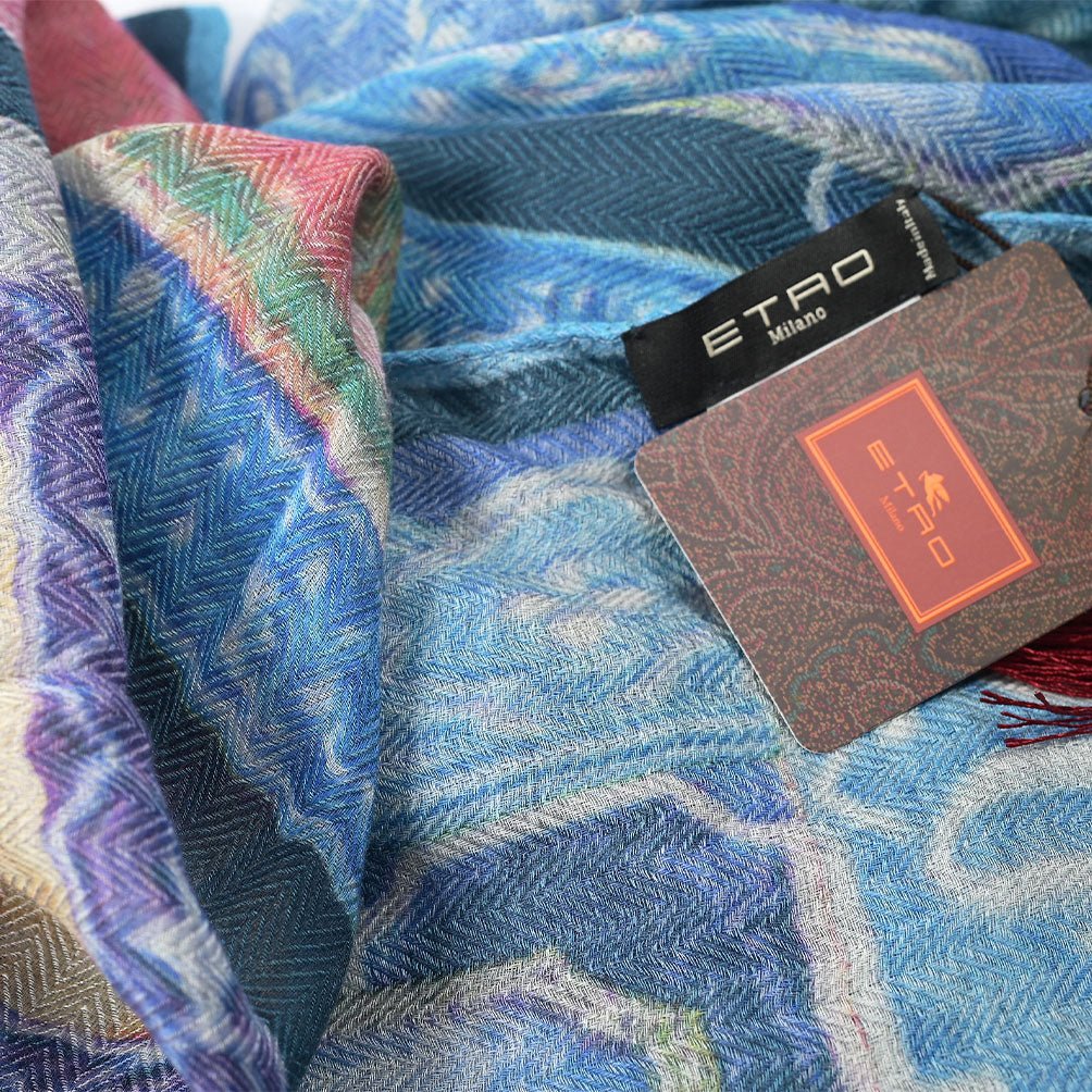 SALE｜ETRO モダールウールシルクカシミヤ タッセル付き総柄ストール