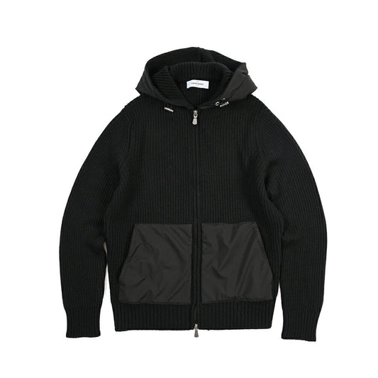 GRAN SASSO ヴァージンウール100% フード付きジップアップローゲージニットカーディガン ブラック 48 | GUARDAROBA MILANO OFFICIAL STORE
