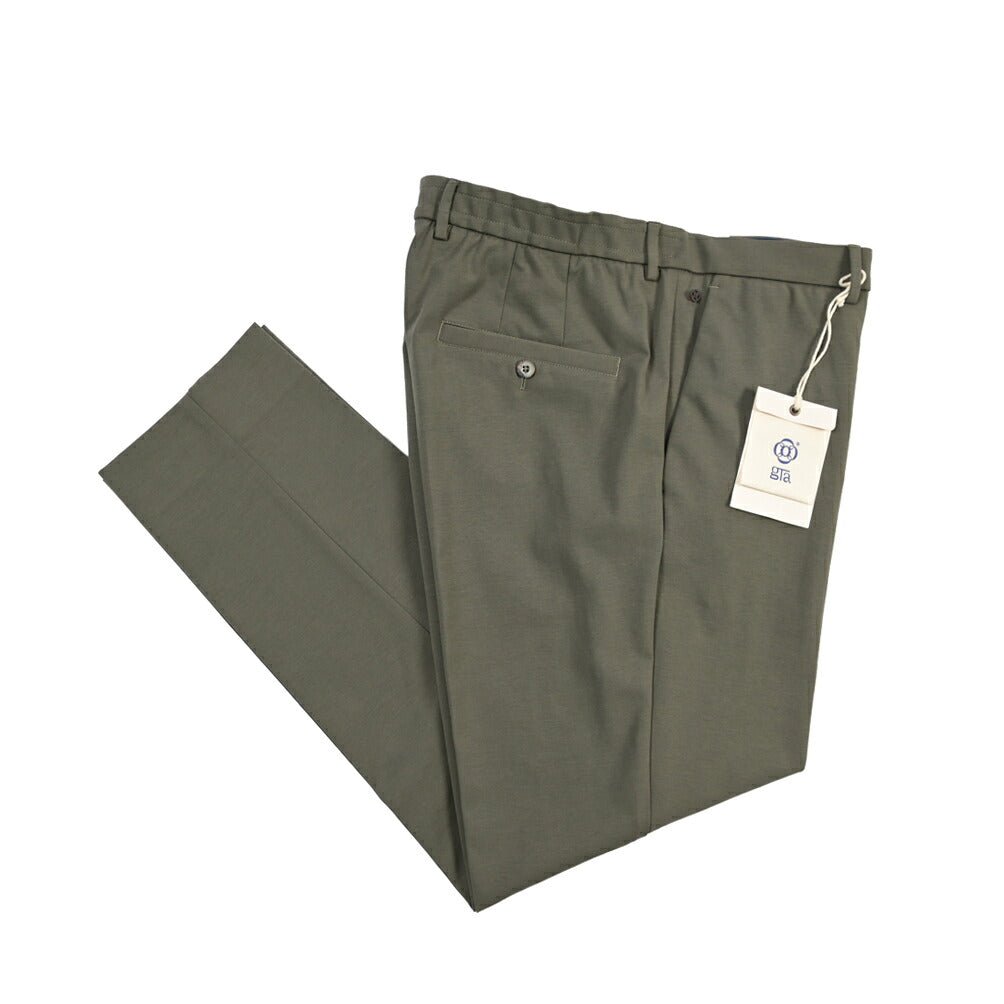 GTA “DAVIDE” ナイロン混コットン ノータックイージーパンツ / COMFORT FIT カーキグリーン 54 | GUARDAROBA MILANO OFFICIAL STORE