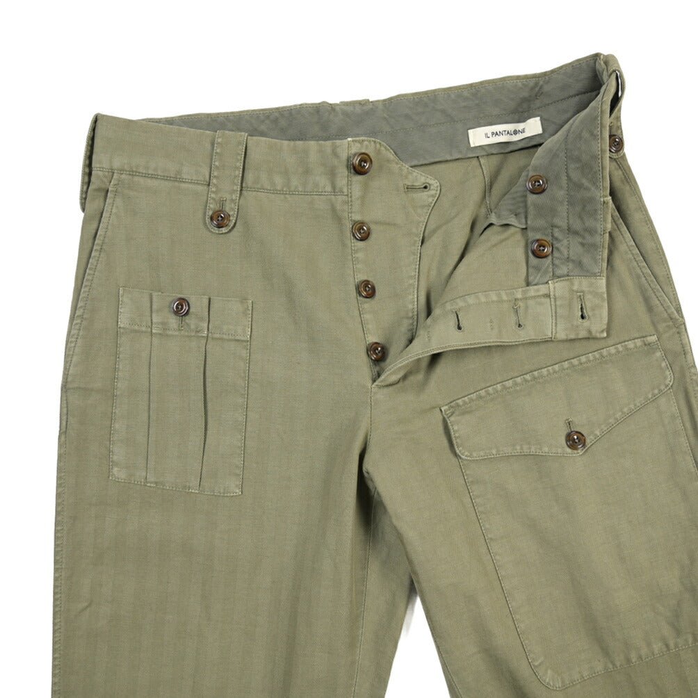 GTA “GIACOMO” リネン混コットン ヘリンボーンカーゴパンツ / COMFORT / メンズ カーキグリーン 46 | GUARDAROBA MILANO OFFICIAL STORE