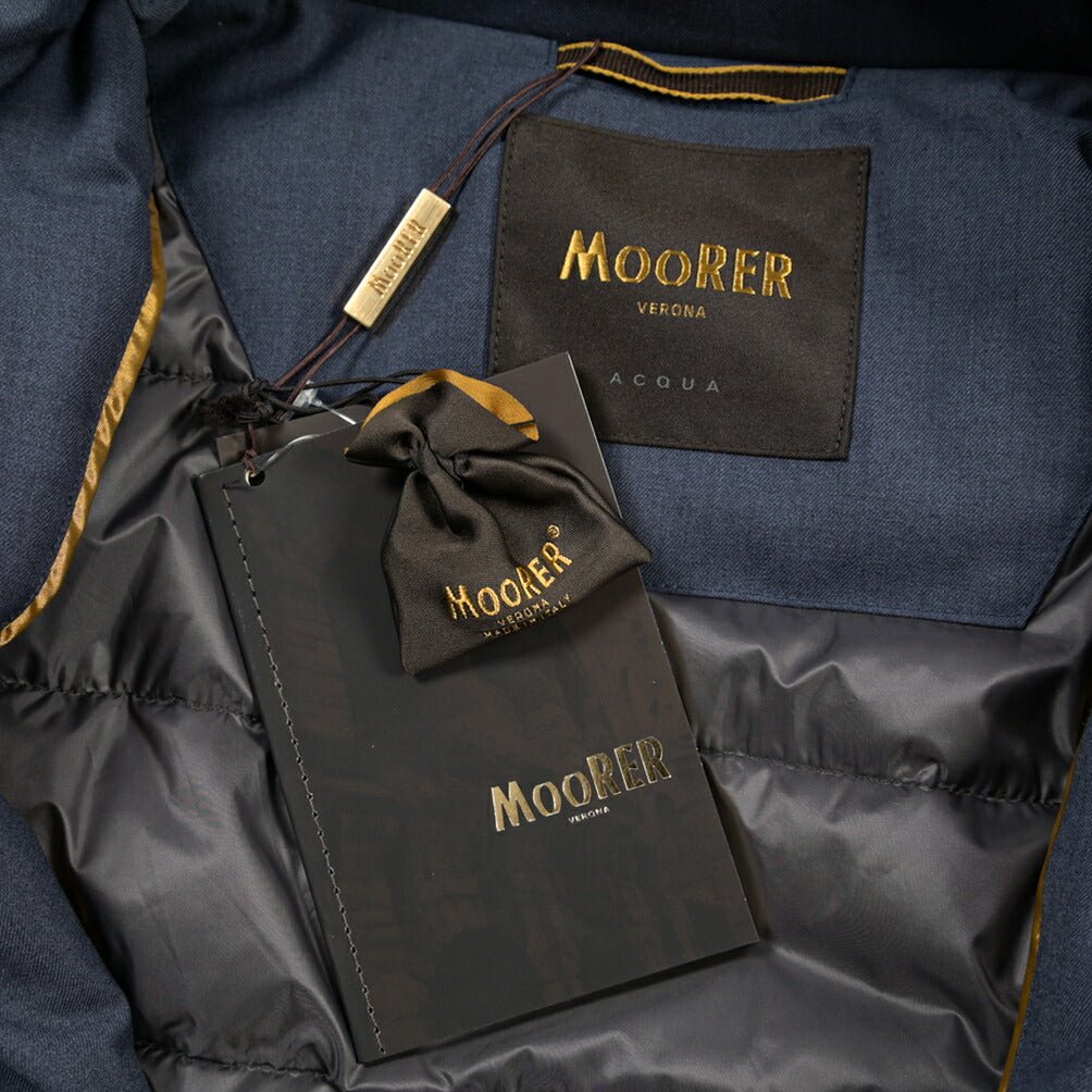 MOORER “ALBINI-PUM” ポリエステル混 フード付きダウンブルゾン / ACQUA PROOF (防水) ネイビー(JEANS) 46 | GUARDAROBA MILANO OFFICIAL STORE