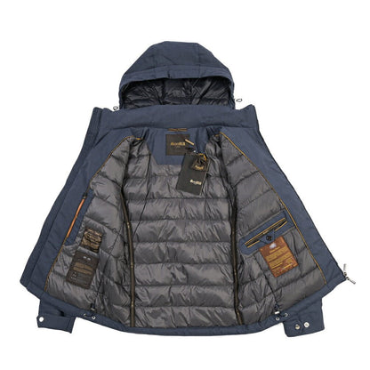 MOORER “ALBINI-PUM” ポリエステル混 フード付きダウンブルゾン / ACQUA PROOF (防水) ネイビー(JEANS) 46 | GUARDAROBA MILANO OFFICIAL STORE