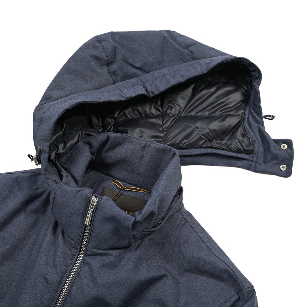 MOORER “ALBINI-PUM” ポリエステル混 フード付きダウンブルゾン / ACQUA PROOF (防水) ネイビー(JEANS) 46 | GUARDAROBA MILANO OFFICIAL STORE