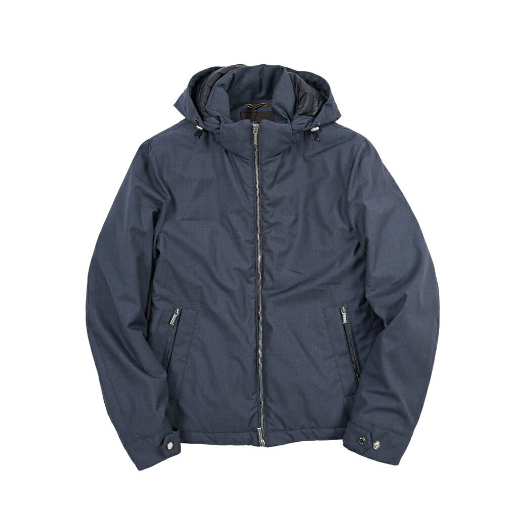 MOORER “ALBINI-PUM” ポリエステル混 フード付きダウンブルゾン / ACQUA PROOF (防水) ネイビー(JEANS) 46 | GUARDAROBA MILANO OFFICIAL STORE