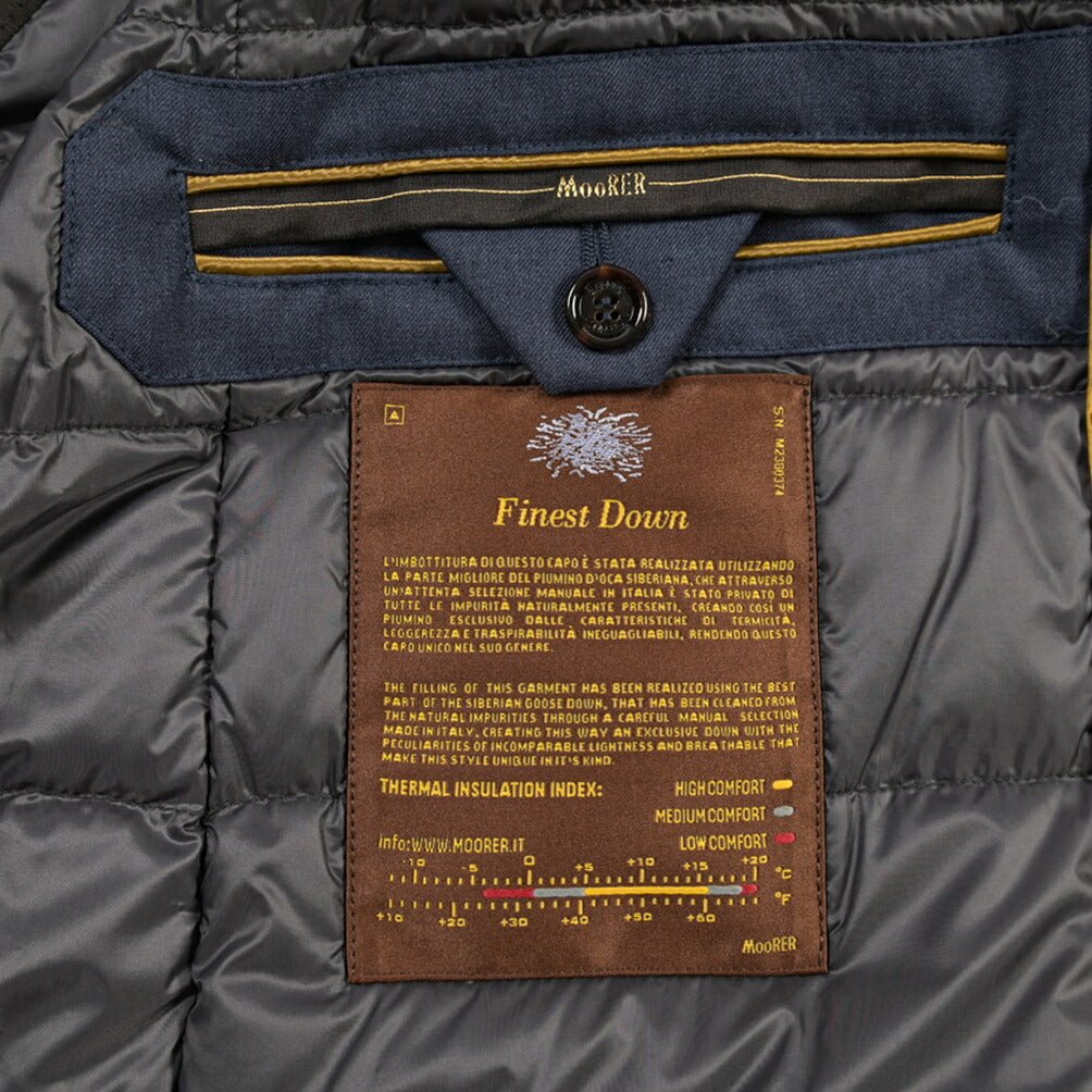 MOORER “ALBINI-PUM” ポリエステル混 フード付きダウンブルゾン / ACQUA PROOF (防水) ネイビー(JEANS) 46 | GUARDAROBA MILANO OFFICIAL STORE
