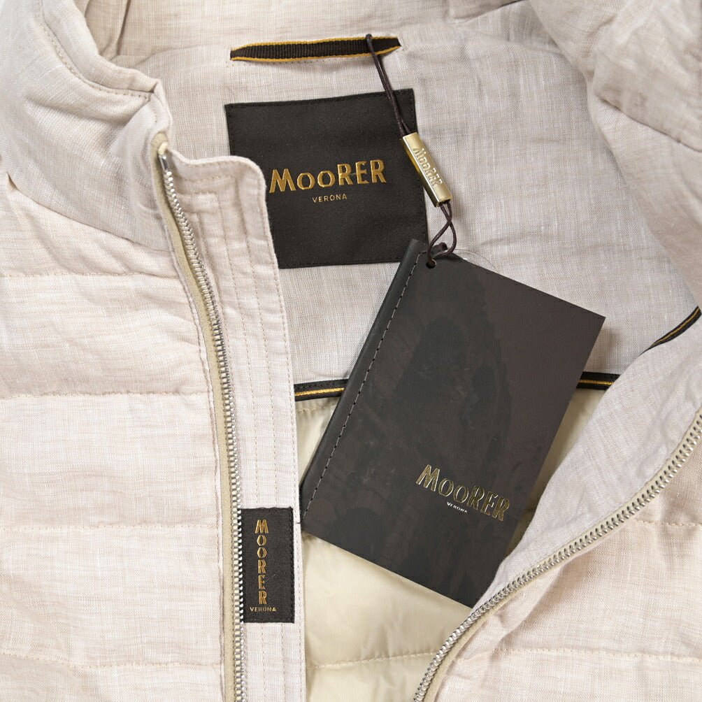 MOORER “ALEC-LSN” リネン100% スタンドカラーダウンブルゾン オフホワイト(ALMONDO) 48 | GUARDAROBA MILANO OFFICIAL STORE