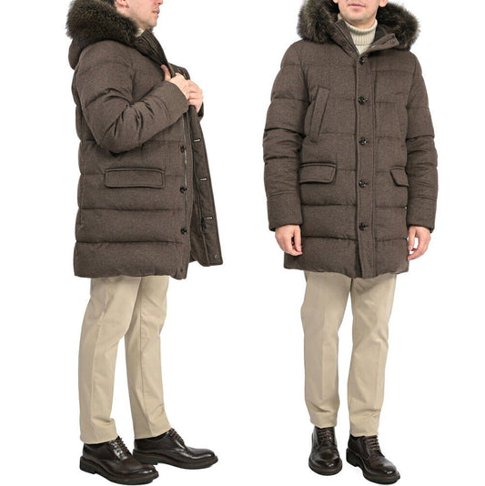 MOORER “BARBIERI-IL” カシミヤ100% ファーフード付きスタンドカラーダウンコート ブラウン(CASTORO) 48 | GUARDAROBA MILANO OFFICIAL STORE