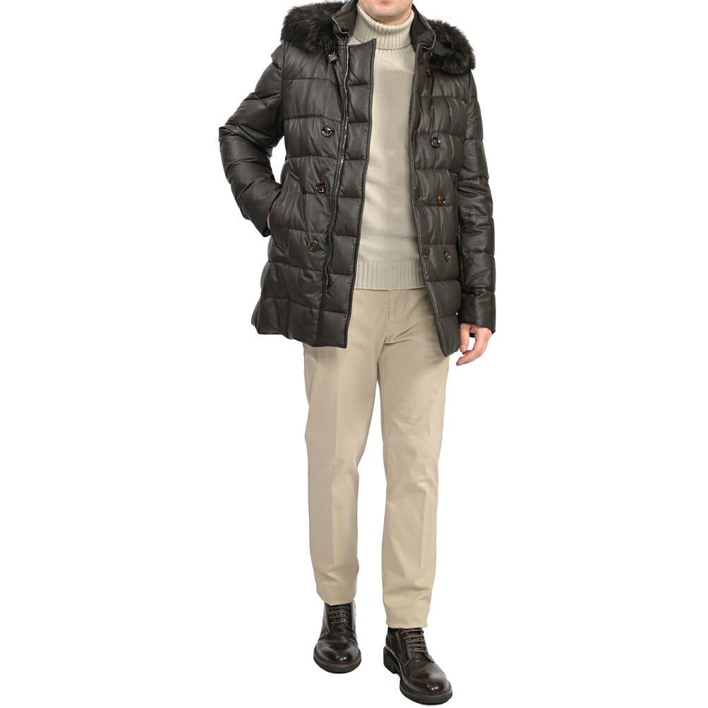 MOORER “FLORIO-FUR PE” レザー100% ファーフーディースタンドカラーダウンコート ブラウン(MORO) 48 | GUARDAROBA MILANO OFFICIAL STORE