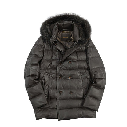 MOORER “FLORIO-FUR PE” レザー100% ファーフーディースタンドカラーダウンコート ブラウン(MORO) 48 | GUARDAROBA MILANO OFFICIAL STORE