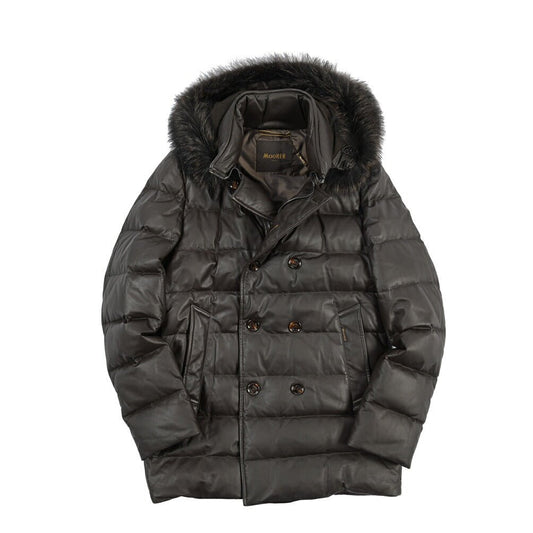 MOORER “FLORIO-FUR PE” レザー100% ファーフーディースタンドカラーダウンコート ブラウン(MORO) 48 | GUARDAROBA MILANO OFFICIAL STORE