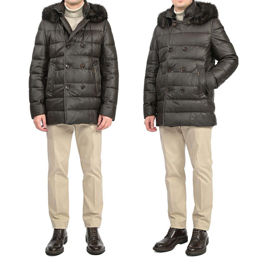 MOORER “FLORIO-FUR PE” レザー100% ファーフーディースタンドカラーダウンコート ブラウン(MORO) 48 | GUARDAROBA MILANO OFFICIAL STORE