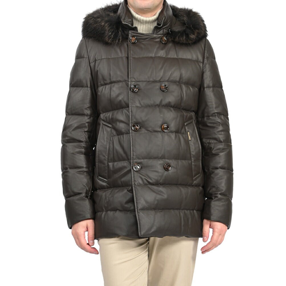 MOORER “FLORIO-FUR PE” レザー100% ファーフーディースタンドカラーダウンコート ブラウン(MORO) 48 | GUARDAROBA MILANO OFFICIAL STORE