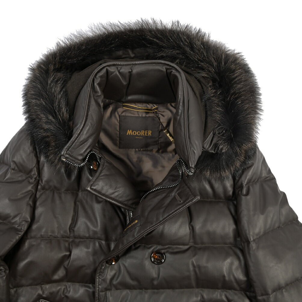 MOORER “FLORIO-FUR PE” レザー100% ファーフーディースタンドカラーダウンコート ブラウン(MORO) 48 | GUARDAROBA MILANO OFFICIAL STORE