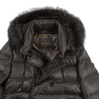 MOORER “FLORIO-FUR PE” レザー100% ファーフーディースタンドカラーダウンコート ブラウン(MORO) 48 | GUARDAROBA MILANO OFFICIAL STORE