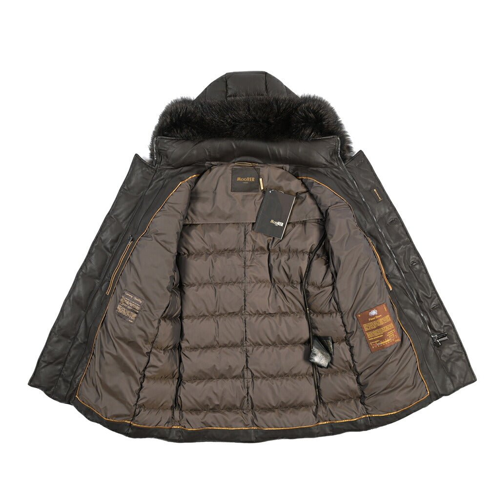 MOORER “FLORIO-FUR PE” レザー100% ファーフーディースタンドカラーダウンコート ブラウン(MORO) 48 | GUARDAROBA MILANO OFFICIAL STORE