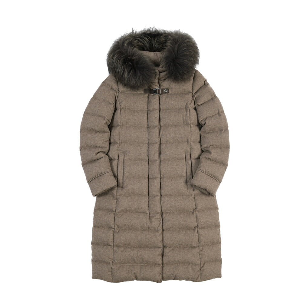 MOORER “MERAK-IL” カシミヤ100% ファーフード付きスタンドカラーダウンコート / レディース ブラウン(NUT) 40 | GUARDAROBA MILANO OFFICIAL STORE